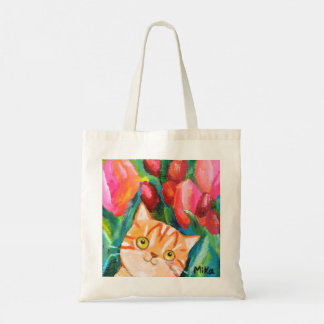 Cute Orange Tabby Cat with Colorful Tulips Kitty Tote Bag