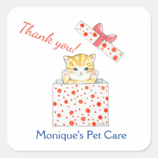 Cute orange tabby kitten in a box custom Business Square Sticker