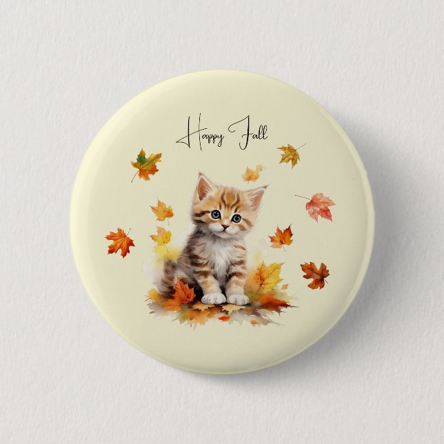 Cute Orange Tabby Kitten in Fall Leaves 2 Inch Round Button (Front)