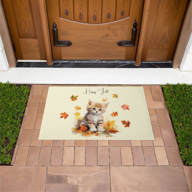 Cute Orange Tabby Kitten in Fall Leaves Doormat (Outdoor)