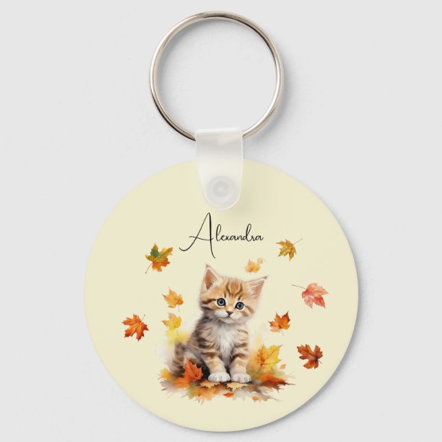 Cute Orange Tabby Kitten in Fall Leaves Keychain (Front)