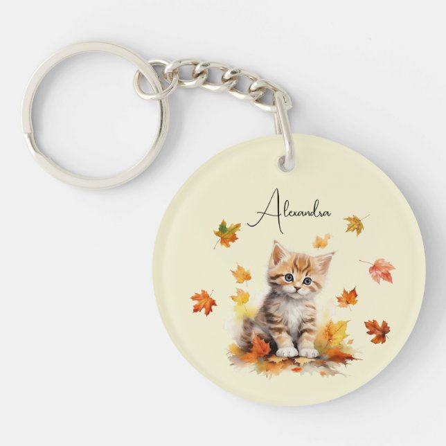 Cute Orange Tabby Kitten in Fall Leaves Keychain (Front)