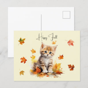 Cute Orange Tabby Kitten in Fall Leaves Postcard