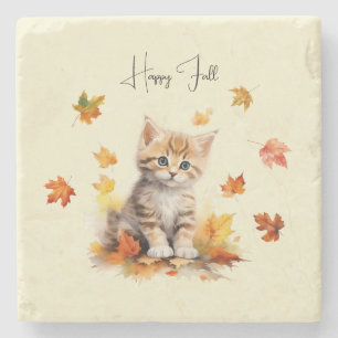 Cute Orange Tabby Kitten in Fall Leaves Stone Coaster
