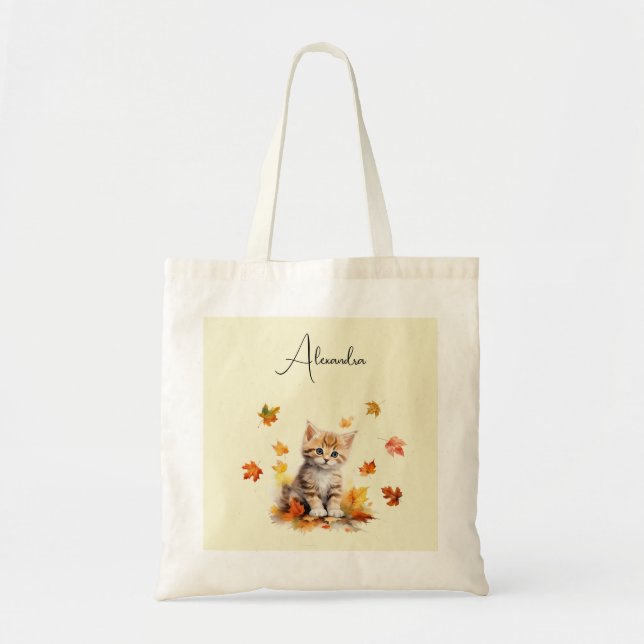 Cute Orange Tabby Kitten in Fall Leaves Tote Bag (Front)