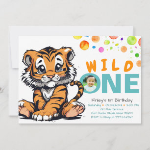 Cute Orange Tiger Wild One Birthday   Jungle Party Invitation