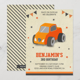 Cute Orange Toy Car Kids Birthday Party Invitation