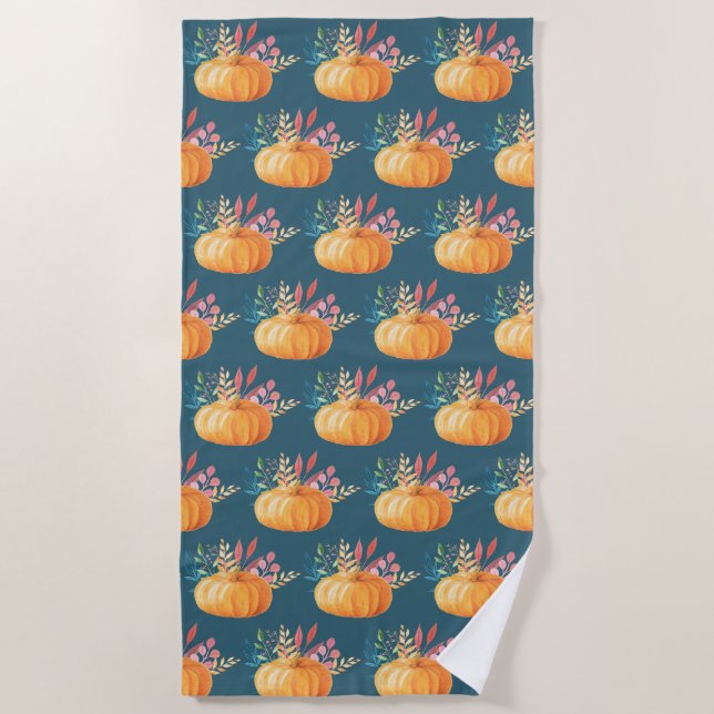 Cute Orange Watercolor Pumpkin Pattern Beach Towel (Front)