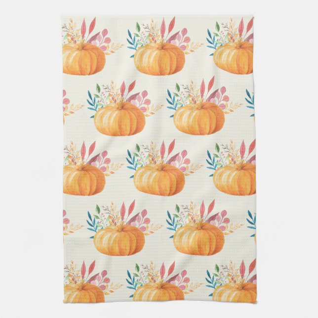 Cute Orange Watercolor Pumpkin Pattern Kitchen Towel (Vertical)