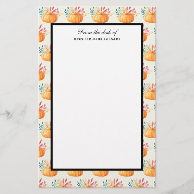 Cute Orange Watercolor Pumpkin Pattern Stationery (Front)