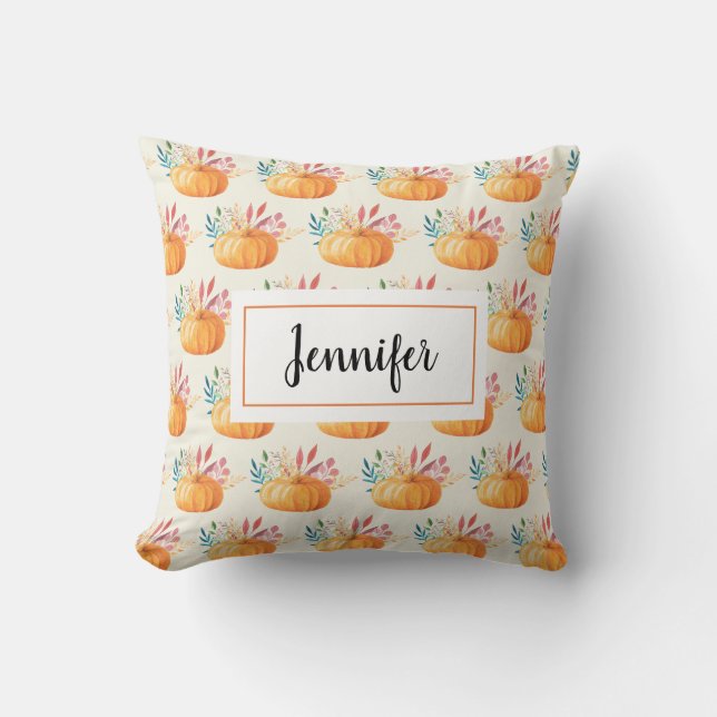 Cute Orange Watercolor Pumpkin Pattern Throw Pillow (Front)