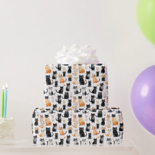 Cute Orange White Black Cats Birthday Wrapping Paper