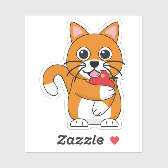 Cute Orange White Cat Eating Red Apple Cartoon (Sheet)