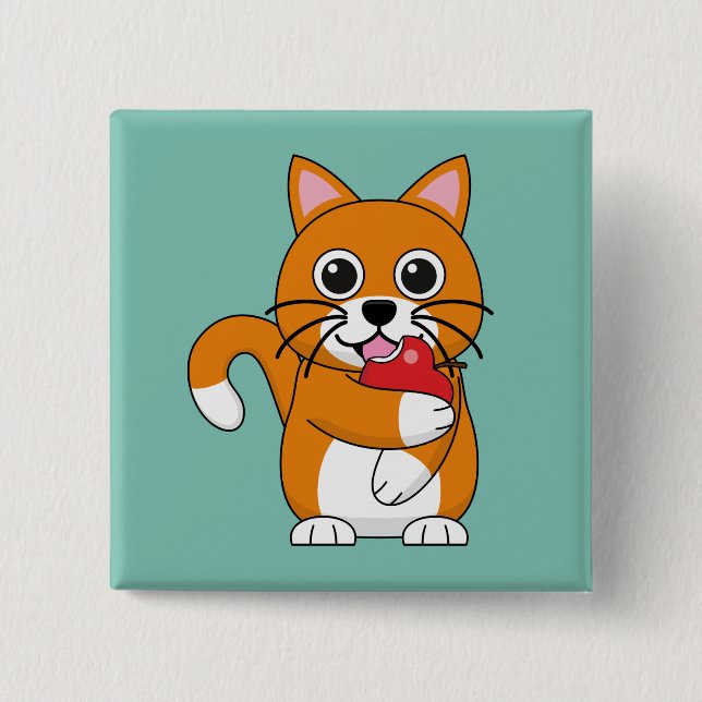 Cute Orange White Cat Eating Red Apple Cartoon 2 Inch Square Button (Front)
