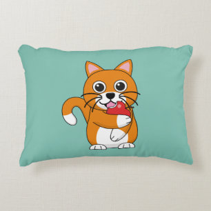 Cute Orange White Cat Eating Red Apple Cartoon Accent Pillow