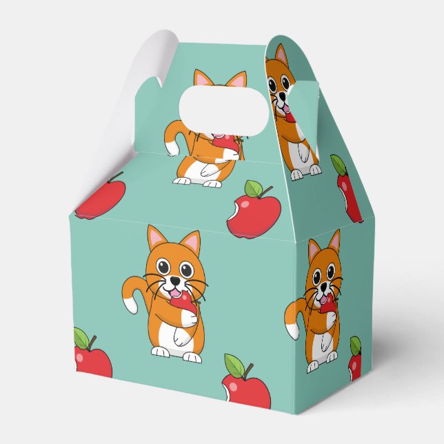 Cute Orange White Cat Eating Red Apple Cartoon Favor Box (Front Side)