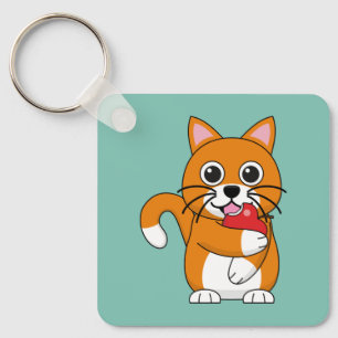 Cute Orange White Cat Eating Red Apple Cartoon Keychain