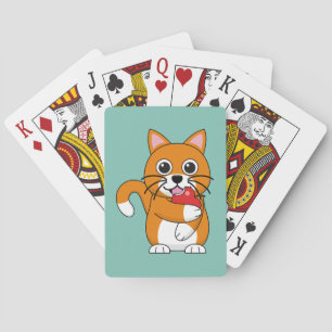 Cute Orange White Cat Eating Red Apple Cartoon Playing Cards