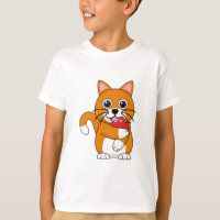Cute Orange White Cat Eating Red Apple Cartoon