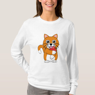 Cute Orange White Cat Eating Red Apple Cartoon T-Shirt