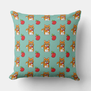 Cute Orange White Cat Eating Red Apple Cartoon Throw Pillow