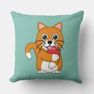 Cute Orange White Cat Eating Red Apple Cartoon Throw Pillow