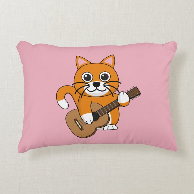 Cute Orange White Cat Playing Guitar Cartoon Accent Pillow (Front)