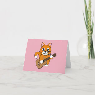 Cute Orange White Cat Playing Guitar Cartoon Card