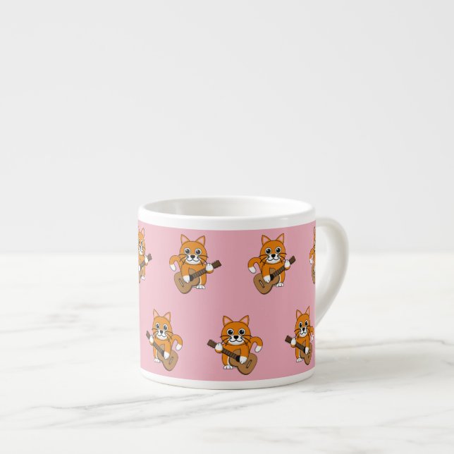 Cute Orange White Cat Playing Guitar Cartoon Espresso Cup (Front Right)