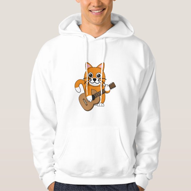 Cute Orange White Cat Playing Guitar Cartoon Hoodie (Front)