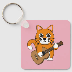 Cute Orange White Cat Playing Guitar Cartoon Keychain