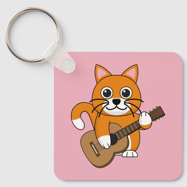 Cute Orange White Cat Playing Guitar Cartoon Keychain (Front)