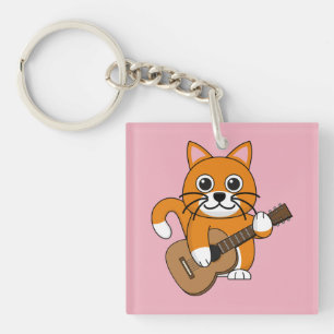Cute Orange White Cat Playing Guitar Cartoon Keychain