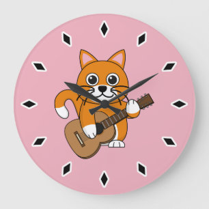 Cute Orange White Cat Playing Guitar Cartoon Large Clock