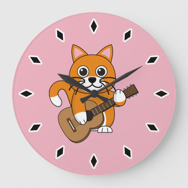 Cute Orange White Cat Playing Guitar Cartoon Large Clock (Front)