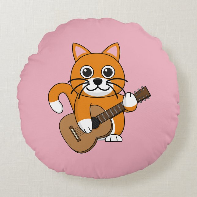 Cute Orange White Cat Playing Guitar Cartoon Round Pillow (Front)