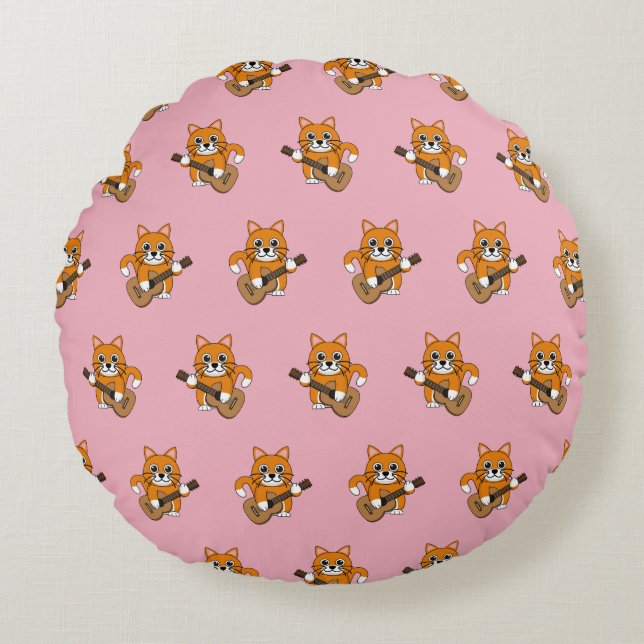 Cute Orange White Cat Playing Guitar Cartoon Round Pillow (Front)