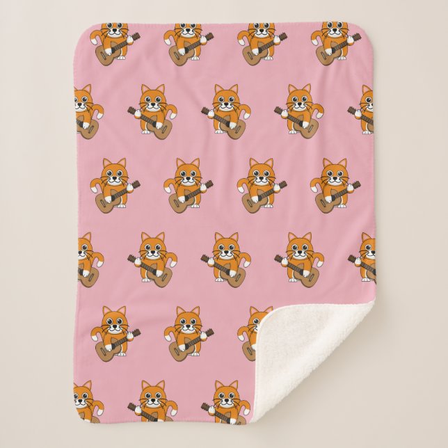 Cute Orange White Cat Playing Guitar Cartoon Sherpa Blanket (Front)