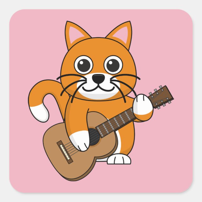 Cute Orange White Cat Playing Guitar Cartoon Square Sticker (Front)