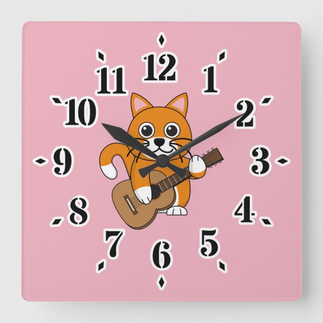 Cute Orange White Cat Playing Guitar Cartoon Square Wall Clock (Front)