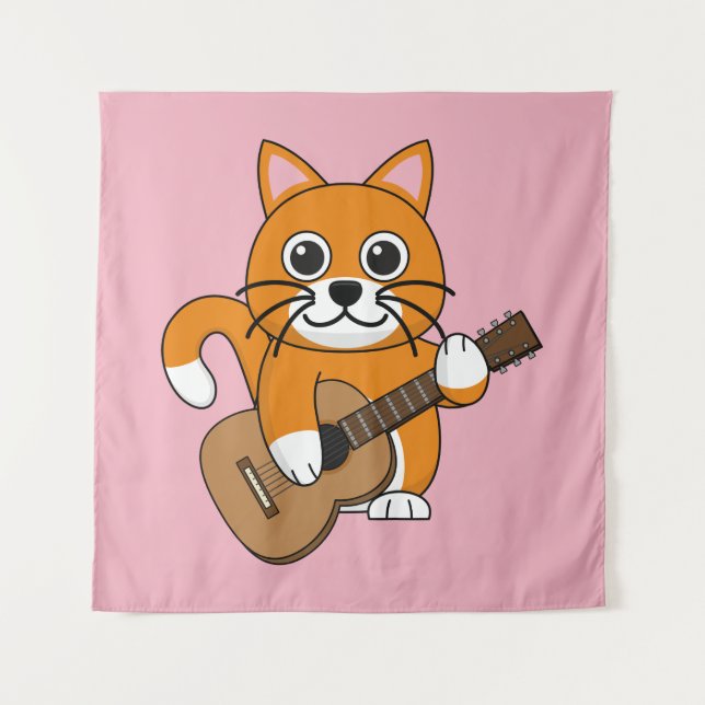 Cute Orange White Cat Playing Guitar Cartoon Tapestry (Front)