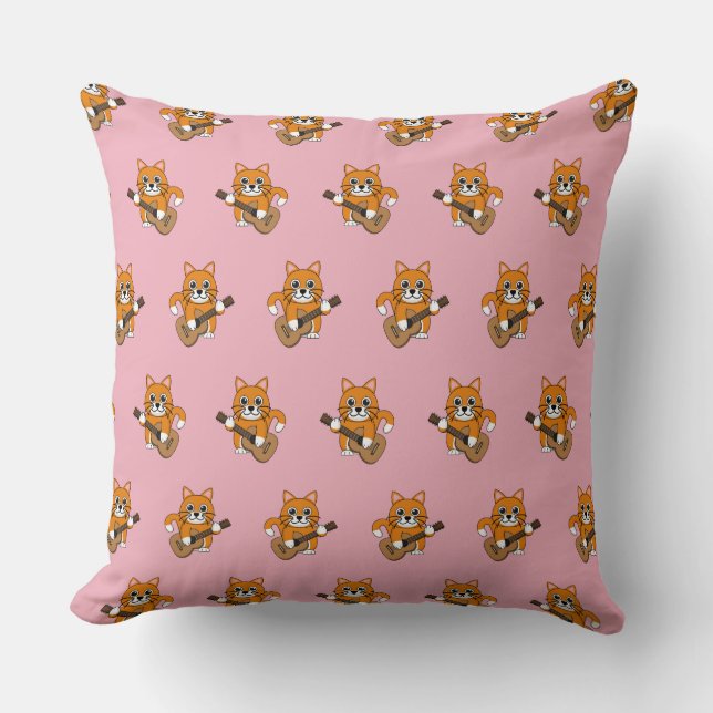 Cute Orange White Cat Playing Guitar Cartoon Throw Pillow (Front)