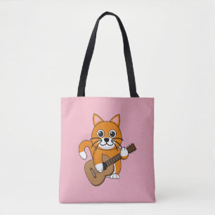 Cute Orange White Cat Playing Guitar Cartoon Tote Bag