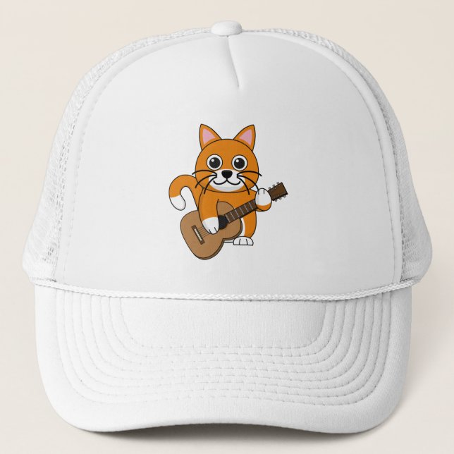 Cute Orange White Cat Playing Guitar Cartoon Trucker Hat (Front)
