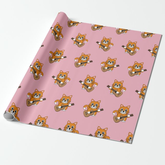 Cute Orange White Cat Playing Guitar Cartoon Wrapping Paper (Unrolled)