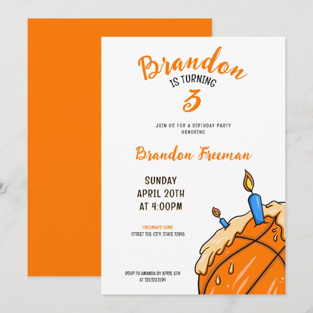 Cute Orange & White Cream Cake Basketball Birthday Invitation (Front/Back)