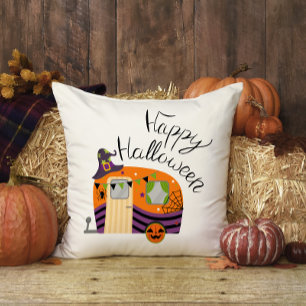 Cute Orange Witch Hat Camper Halloween Throw Pillow