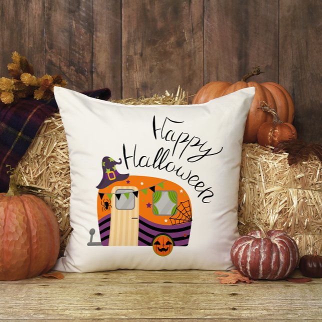 Cute Orange Witch Hat Camper Halloween Throw Pillow (Creator Uploaded)