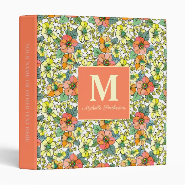 Cute Orange Yellow Flowers Green Leaves Monogram  Binder (Front/Spine)