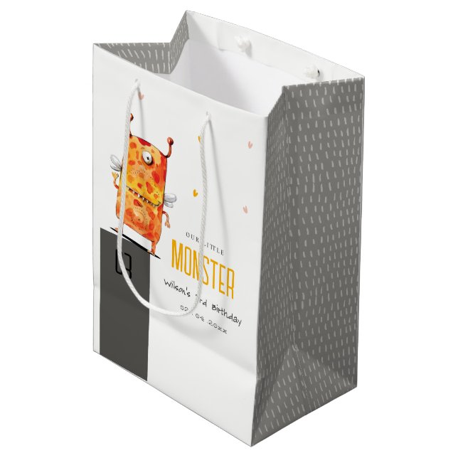 Cute Orange Yellow One Eyed Monster Kids Birthday Medium Gift Bag (Front Angled)